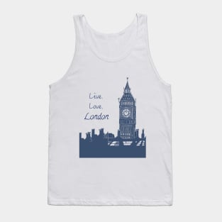 Live Love London Quote Big Ben Linocut Blue andWhite Tank Top